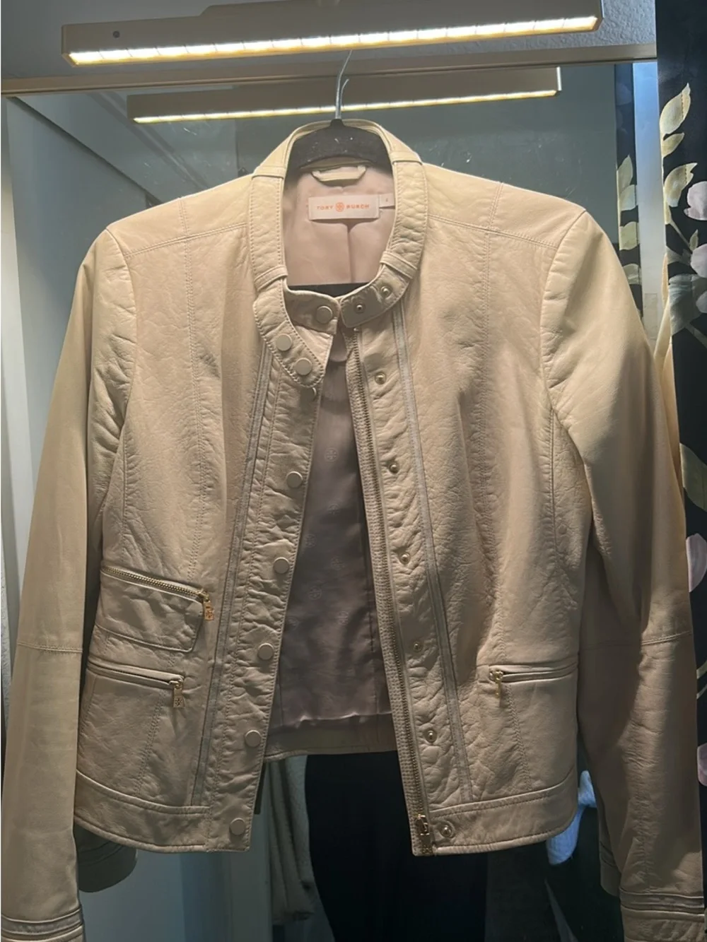 Tory Burch Cream Leather Zip & Snap Jacket with Gold Hardware